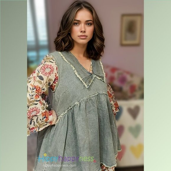 POL Top Denim Babydoll Sleeveless Tank Plus Size Raw Edge Distressed 1X,2X,3X - Picture 2 of 5